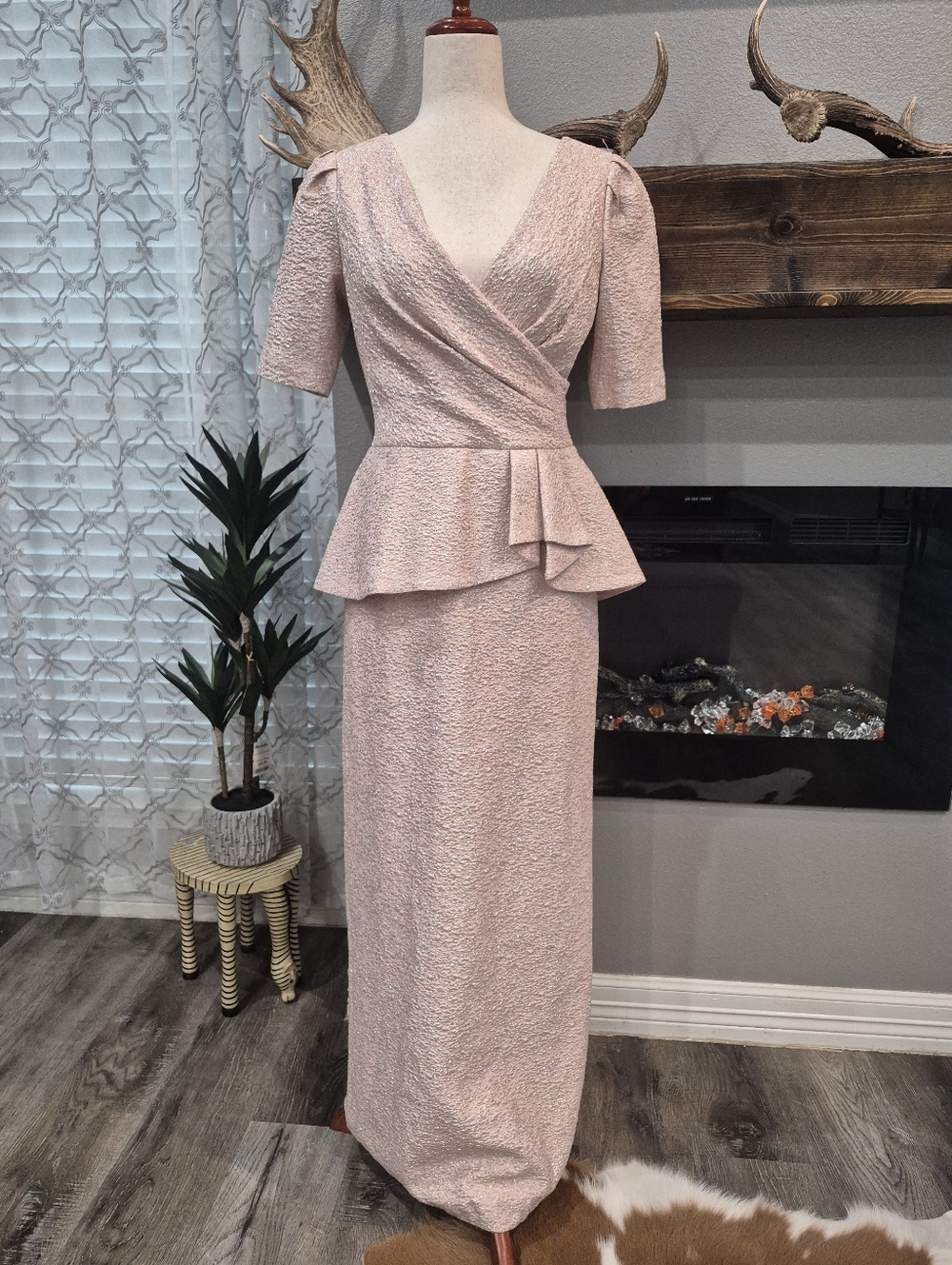 Rickie Freeman Blush Pink Maxi Dress with Peplum Waist Size 6 Like New